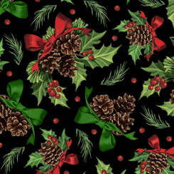 QT Fabrics Black Holly and Pine Cotton Fabric from The Winter Greetings Collection