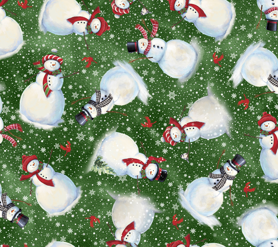 QT Fabrics Snowmen Toss in Forest Green Cotton Fabric from The Winter Greetings Collection