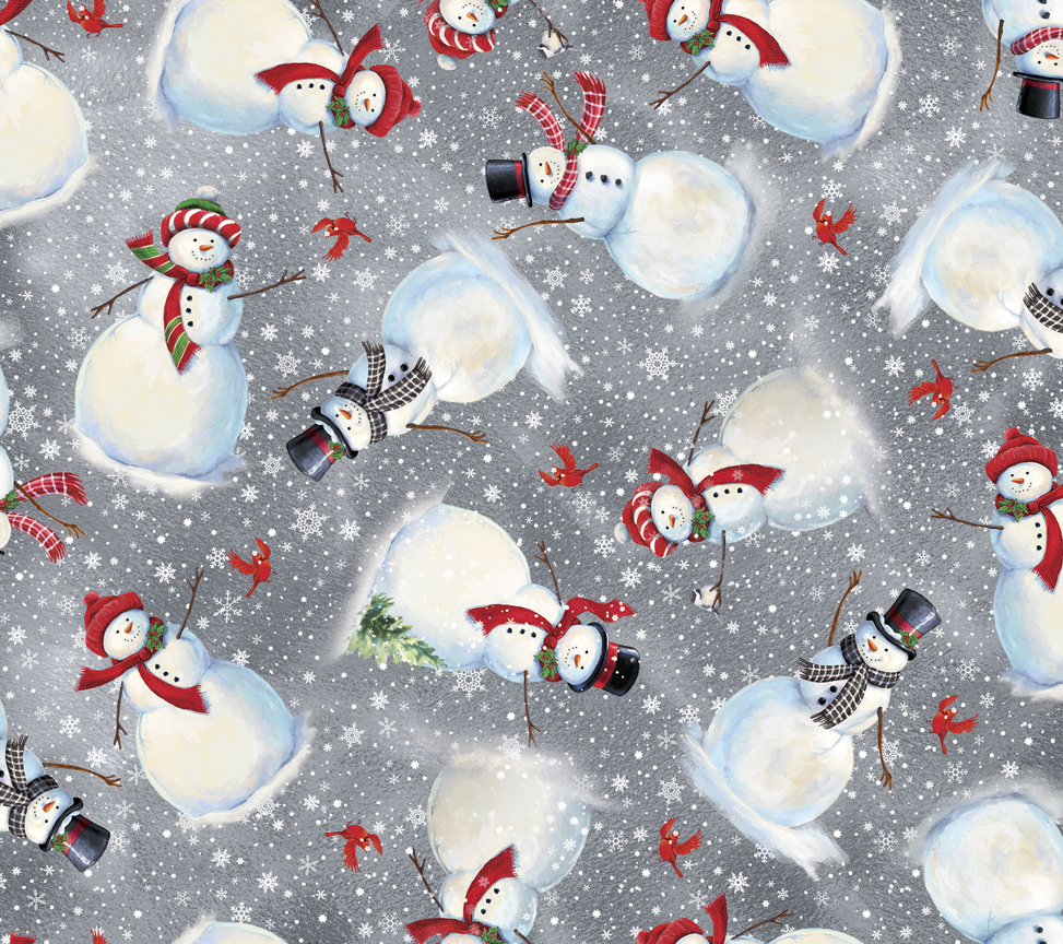 QT Fabrics Snowmen Toss in Grey Cotton Fabric from The Winter Greetings Collection