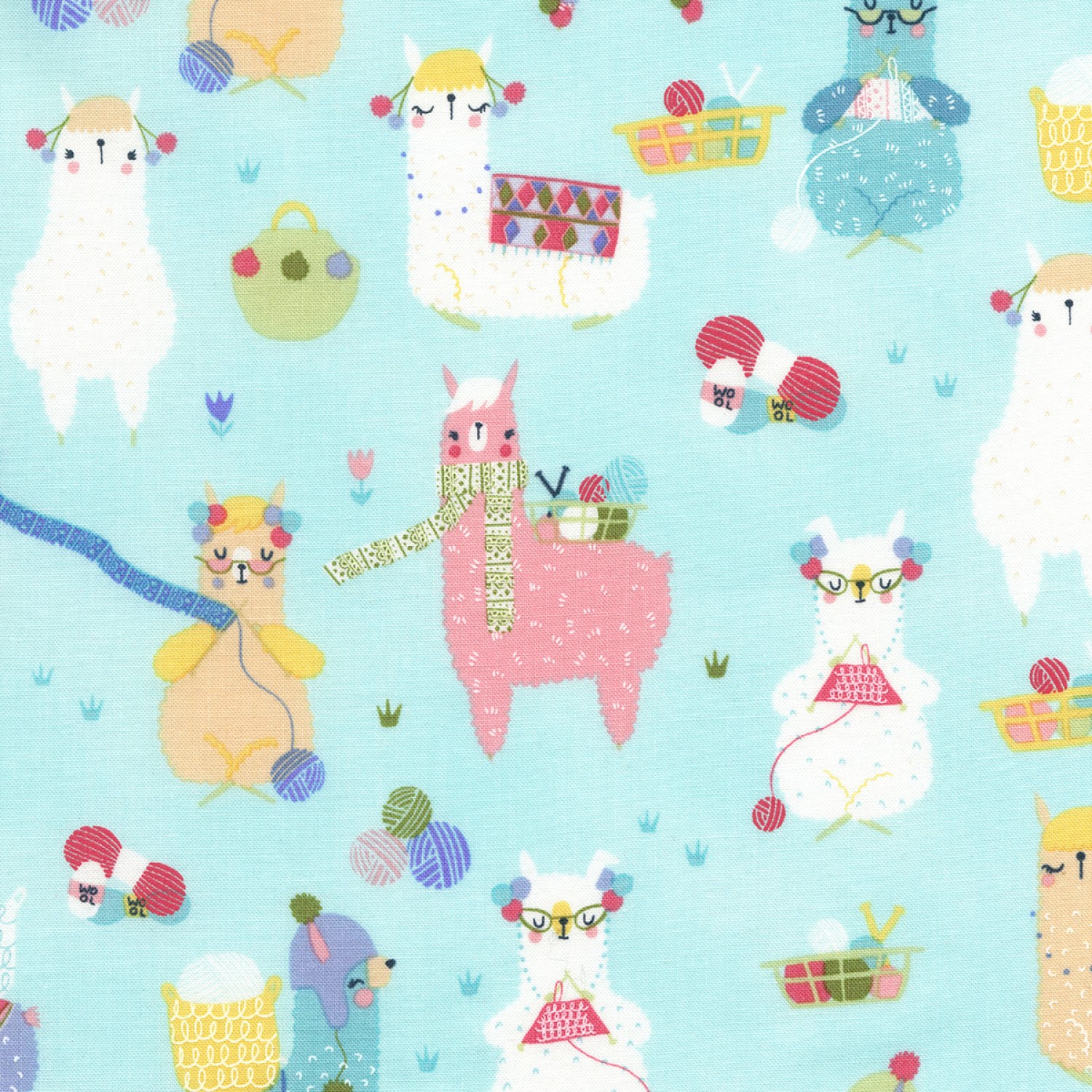 Llamas on aqua fabric knitting