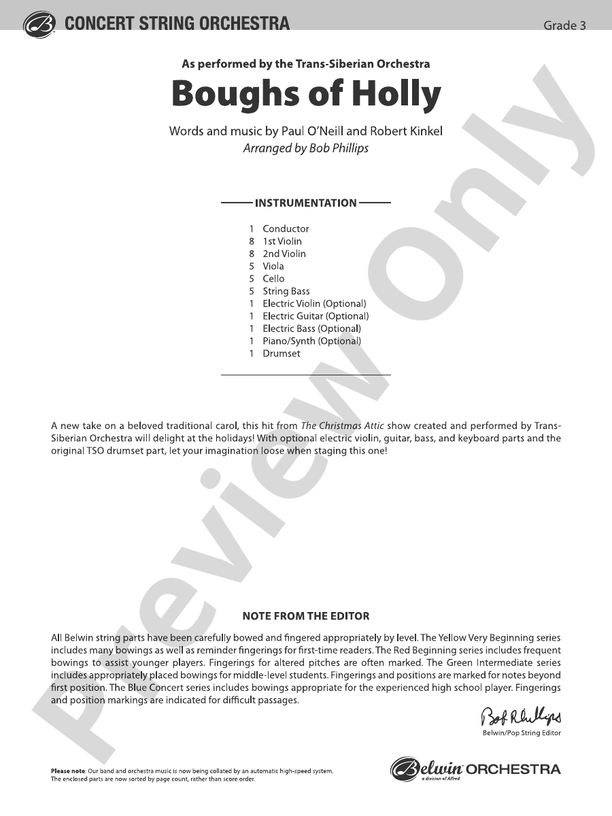 Boughs of holly: string orchestra conductor score & parts: paul o'neill