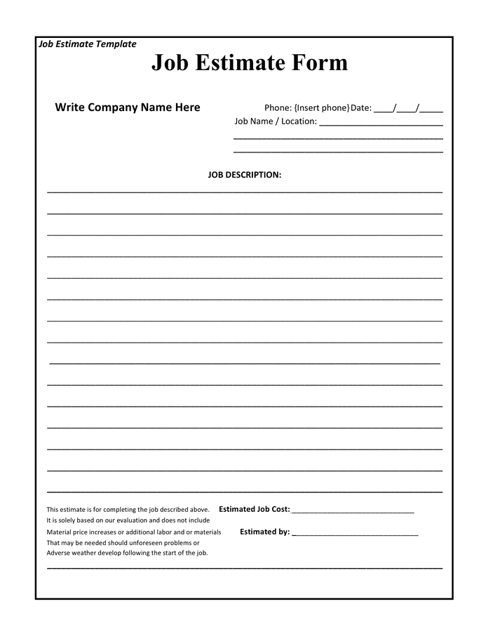 Job estimate form in word and pdf formats