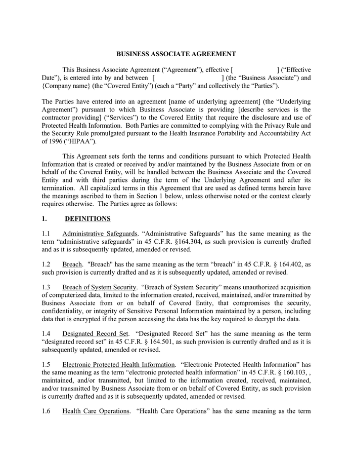 Business Associate Agreement Form In Word And Pdf Formats