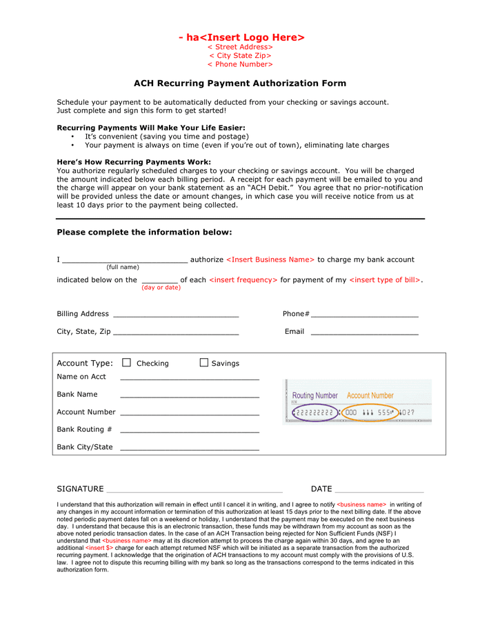 Bestill trygt på dette nettstedet. ACH recurring payment authorization form in Word and Pdf