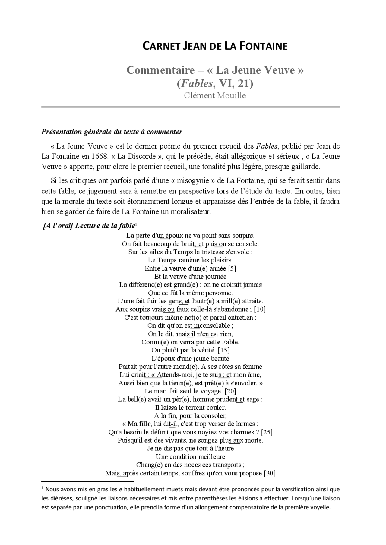 Commentaire – « La Jeune Veuve », La Fontaine | Exercices Littérature | Docsity