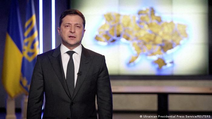 Zelenskyy giving an address on television Zelenskyy giving an address on television
