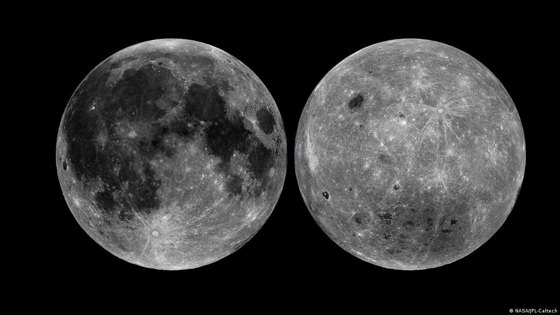 Estas vistas de la cara cercana, izquierda y lejana de la Luna se obtuvieron a partir de observaciones realizadas por el Orbitador de Reconocimiento Lunar de la NASA.
