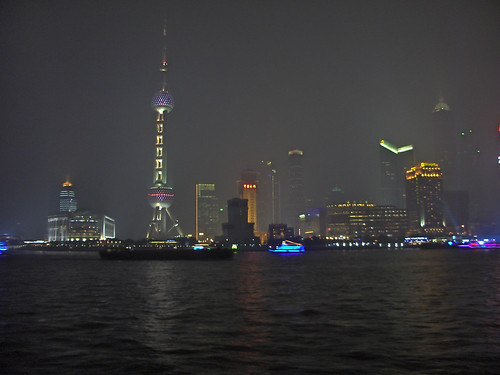 Pudong at night, viewed from The Bund, in Shanghai, China