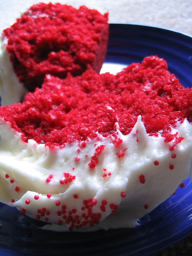Inside of a red velvet cupcake from Auntie Em's in Eagle Rock