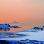 Pink and blue winter sunset in square