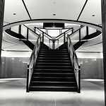 Staircase in black and white at the renovated Fayette County Courthouse in Lexington, Kentucky.