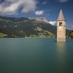 The sunken church in the lake of Reschen (South Tyrol/ Italy)