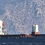 Sea Scanner anchored offshore Symi island of Greece, as seen from Dat&ccedil;a, 5 miles/Turkey