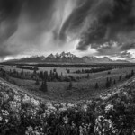 Black & White Photography Teton Viewpoint Panorama Ominous Clouds Dramatic Sky Gathering Storm Grand Teton National Park Brewing Thunderstorm Dark Black Storm Clouds Fuji GFX100s Medium Format Fine Art Landscape Photography Wyoming ! Elliot McGucken