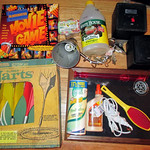 20150502 - yardsale haul - yard sale booty - a - IMG_0332 - lawn darts, boardgame, speakers, housewares