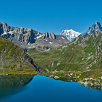Lac de Fen&ecirc;tre , Mont Blanc and the Grandes Jorasses ,The area of the Great St Bernard pass , Val Ferret . Switzerland / Italy / France . No. 2437.