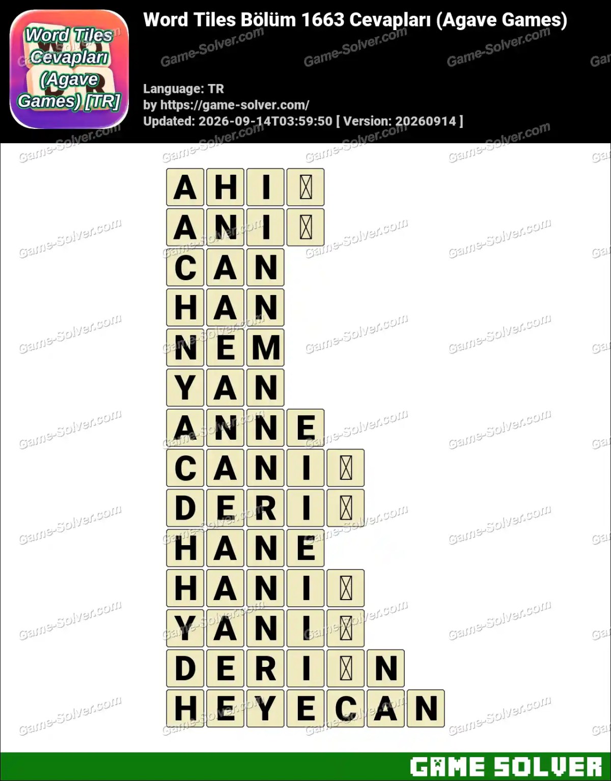 Word Tiles Bölüm 1663 Cevapları (Agave Games)