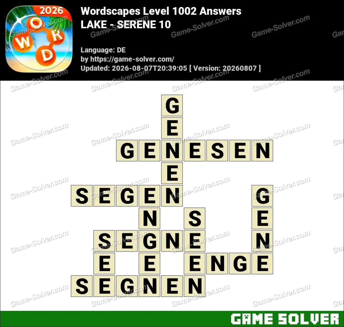 Wordscapes Deutsche Level 1002 Answers — LAKE - SERENE 10