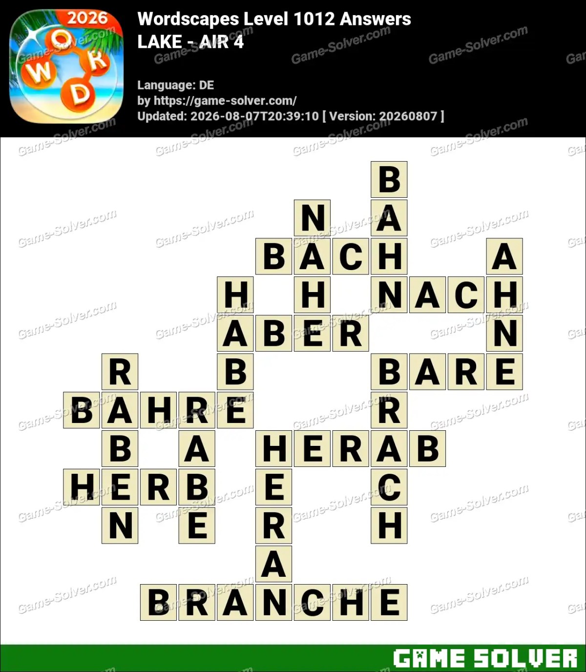 Wordscapes Deutsche Level 1012 Answers — LAKE - AIR 4