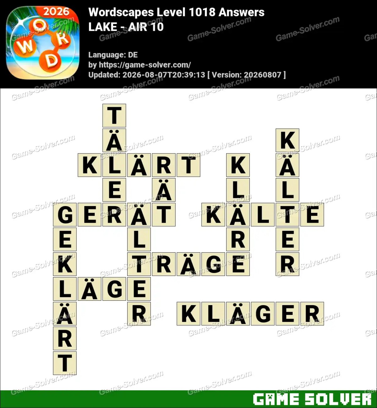 Wordscapes Deutsche Level 1018 Answers — LAKE - AIR 10
