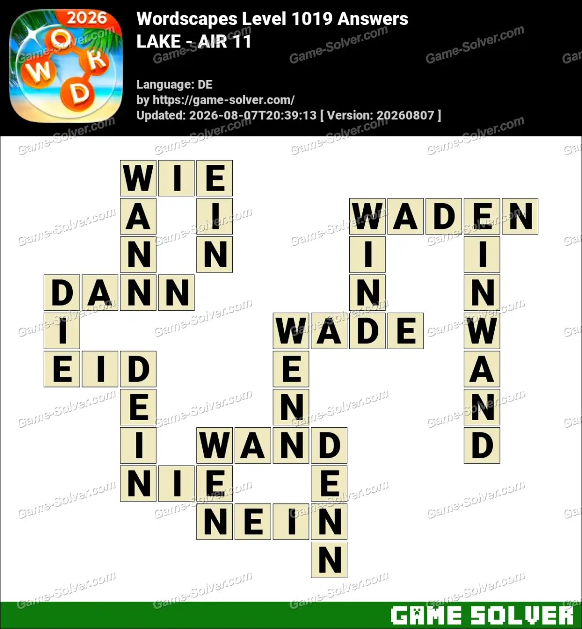Wordscapes Deutsche Level 1019 Answers — LAKE - AIR 11