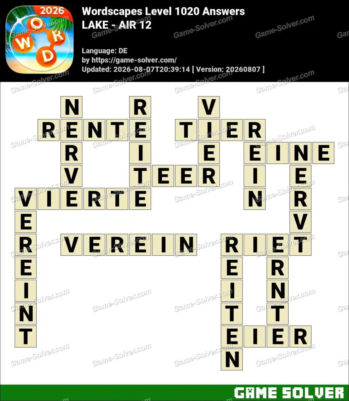 Wordscapes Deutsche Level 1020 Answers — LAKE - AIR 12