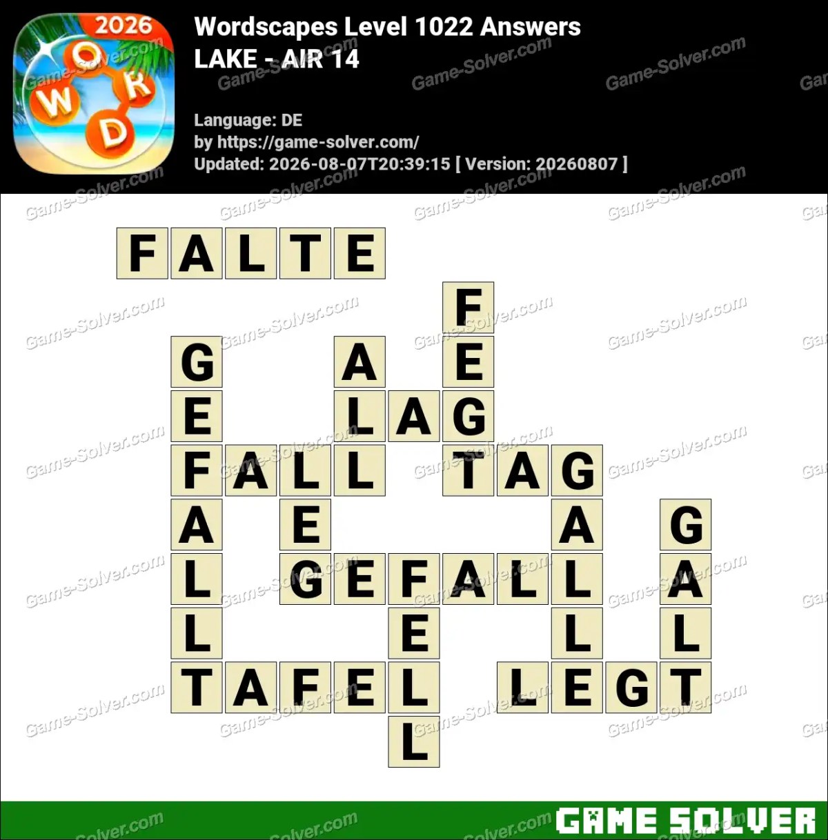 Wordscapes Deutsche Level 1022 Answers — LAKE - AIR 14