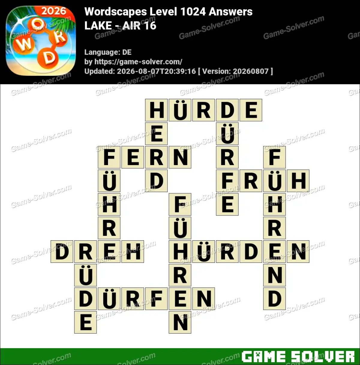 Wordscapes Deutsche Level 1024 Answers — LAKE - AIR 16