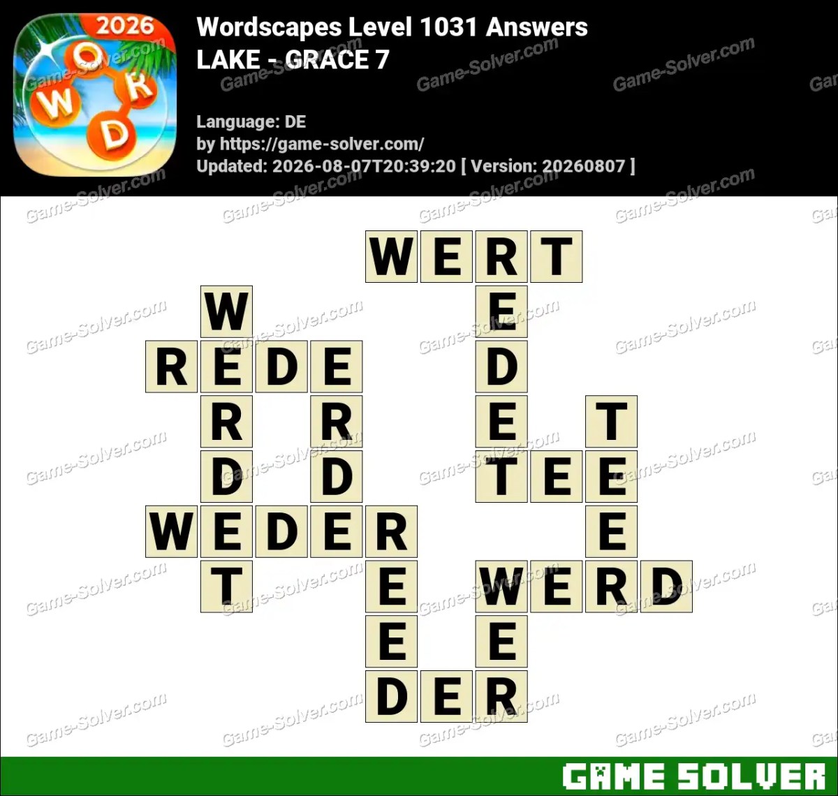 Wordscapes Deutsche Level 1031 Answers — LAKE - GRACE 7