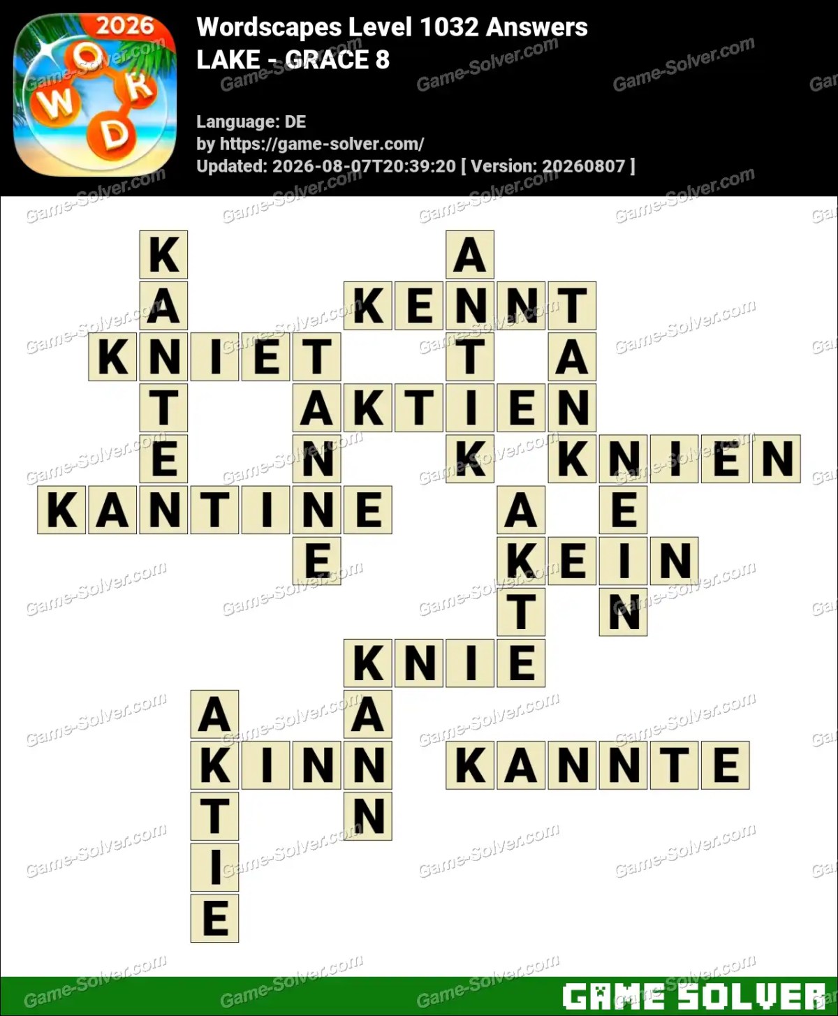 Wordscapes Deutsche Level 1032 Answers — LAKE - GRACE 8