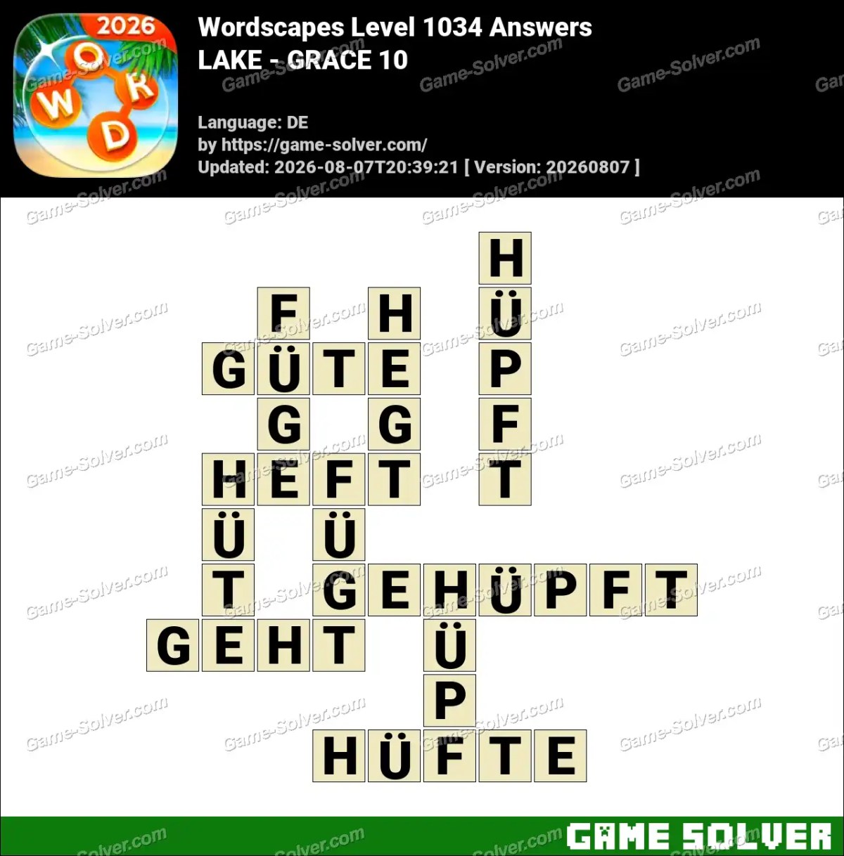 Wordscapes Deutsche Level 1034 Answers — LAKE - GRACE 10