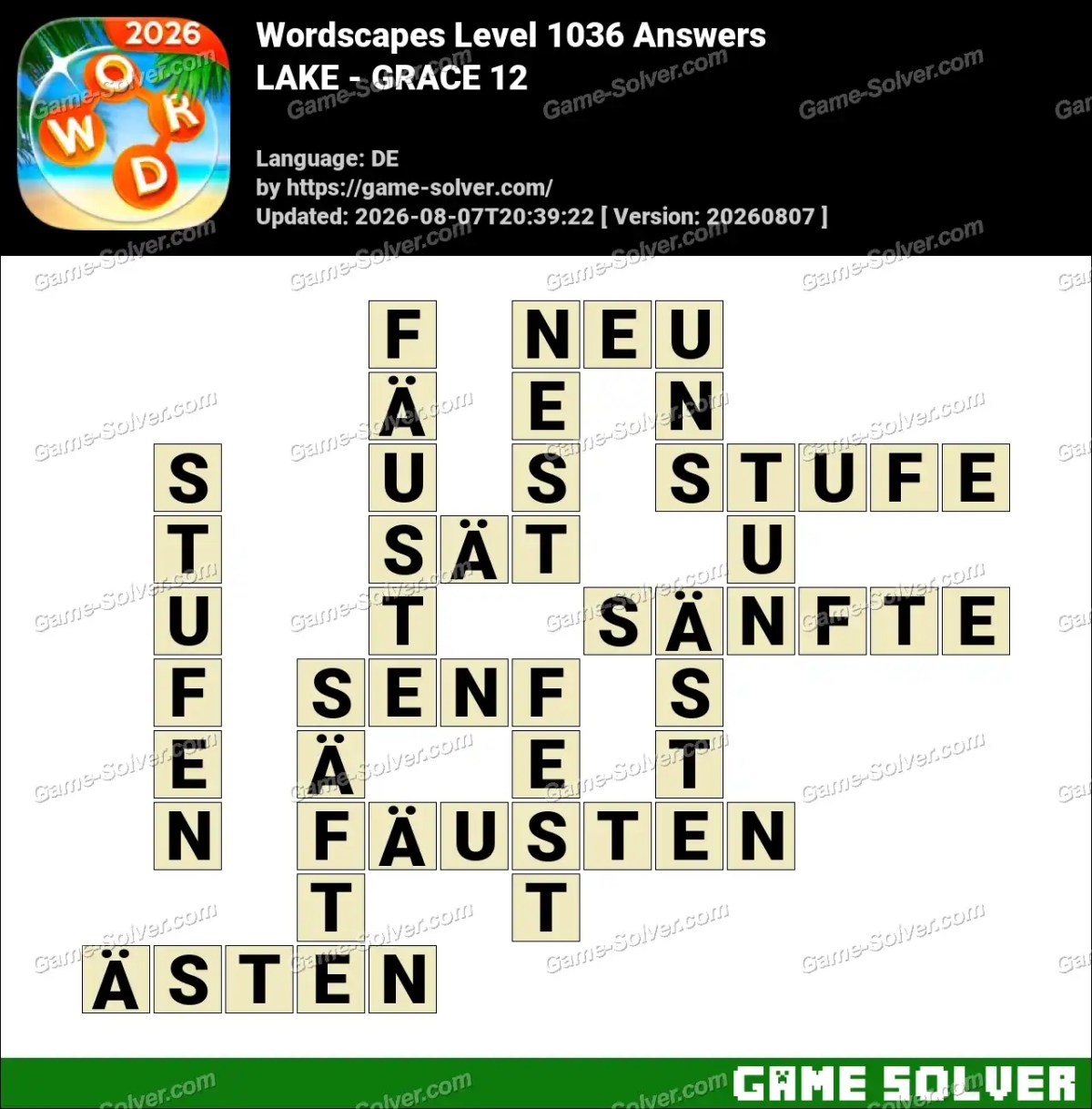Wordscapes Deutsche Level 1036 Answers — LAKE - GRACE 12
