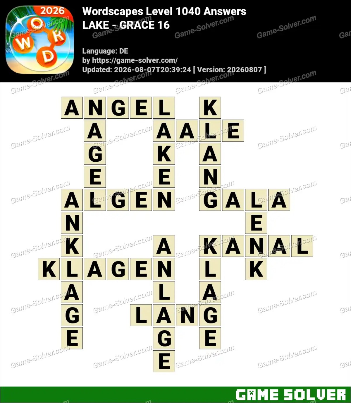Wordscapes Deutsche Level 1040 Answers — LAKE - GRACE 16