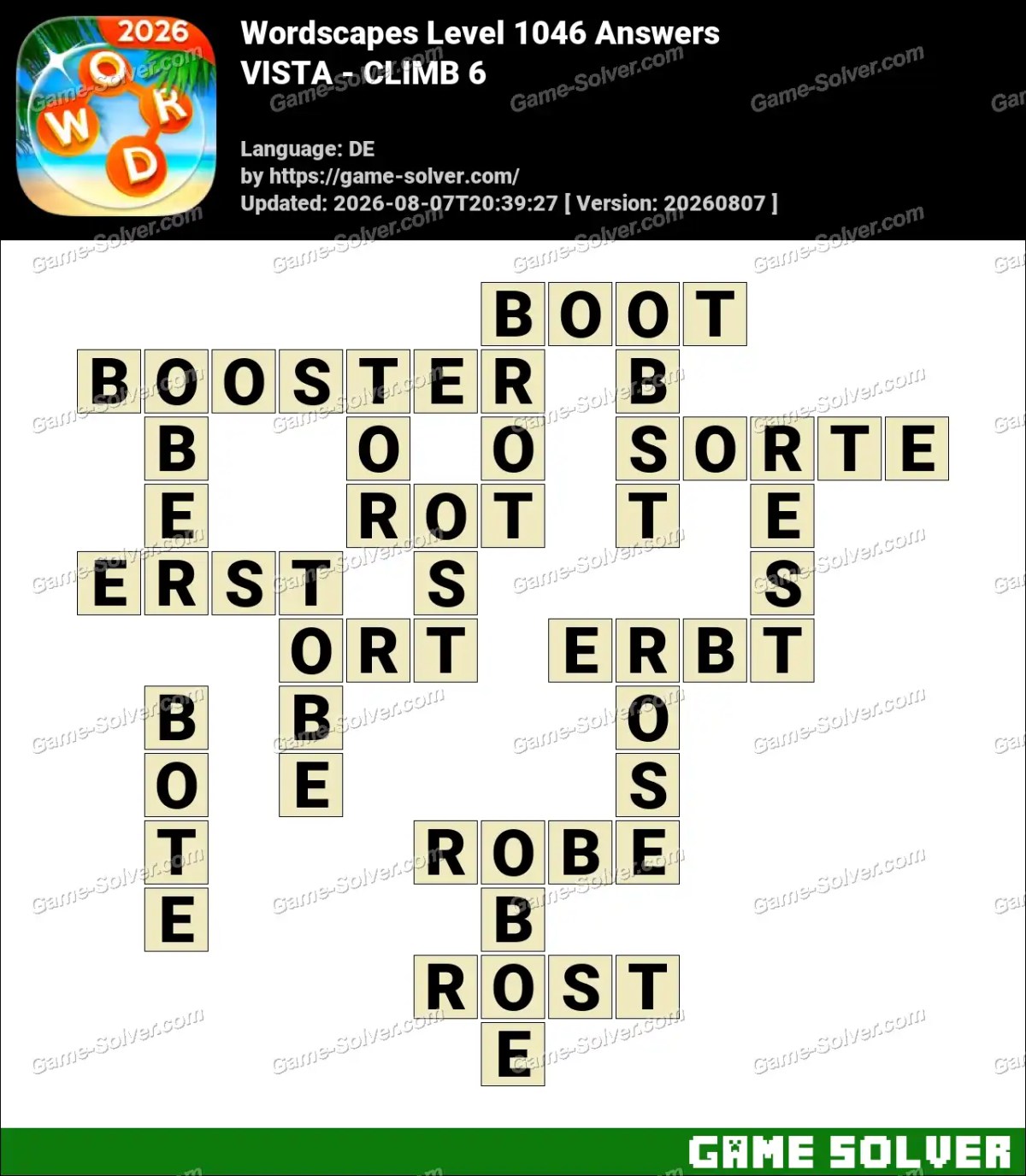 Wordscapes Deutsche Level 1046 Answers — VISTA - CLIMB 6