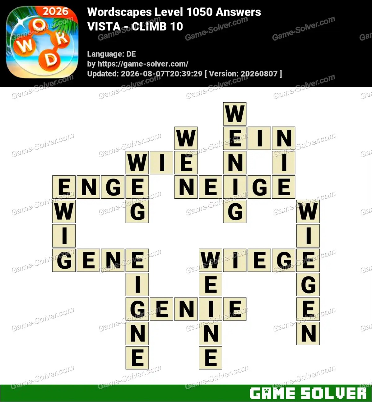 Wordscapes Deutsche Level 1050 Answers — VISTA - CLIMB 10