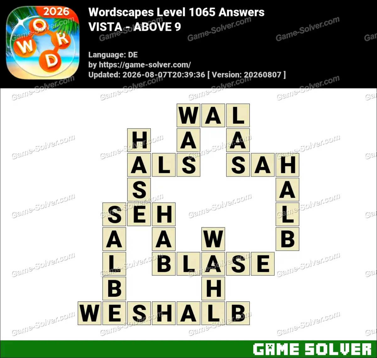 Wordscapes Deutsche Level 1065 Answers — VISTA - ABOVE 9