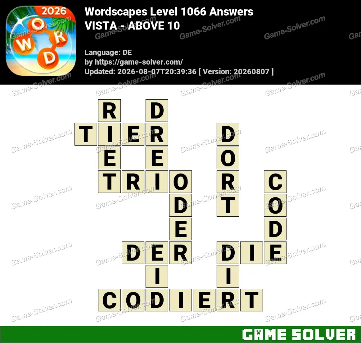 Wordscapes Deutsche Level 1066 Answers — VISTA - ABOVE 10