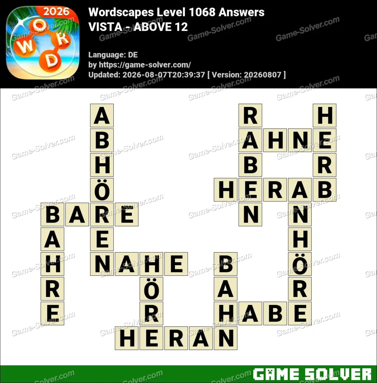 Wordscapes Deutsche Level 1068 Answers — VISTA - ABOVE 12
