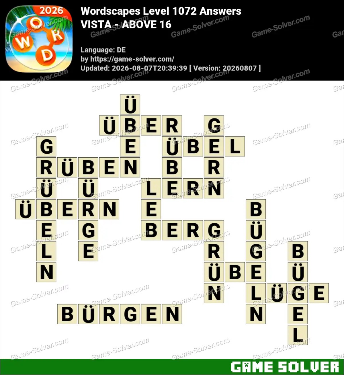 Wordscapes Deutsche Level 1072 Answers — VISTA - ABOVE 16