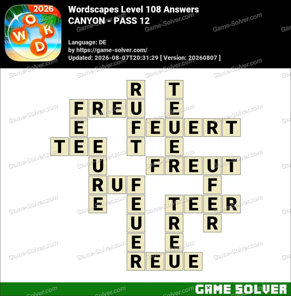Wordscapes Deutsche Level 108 Answers — CANYON - PASS 12