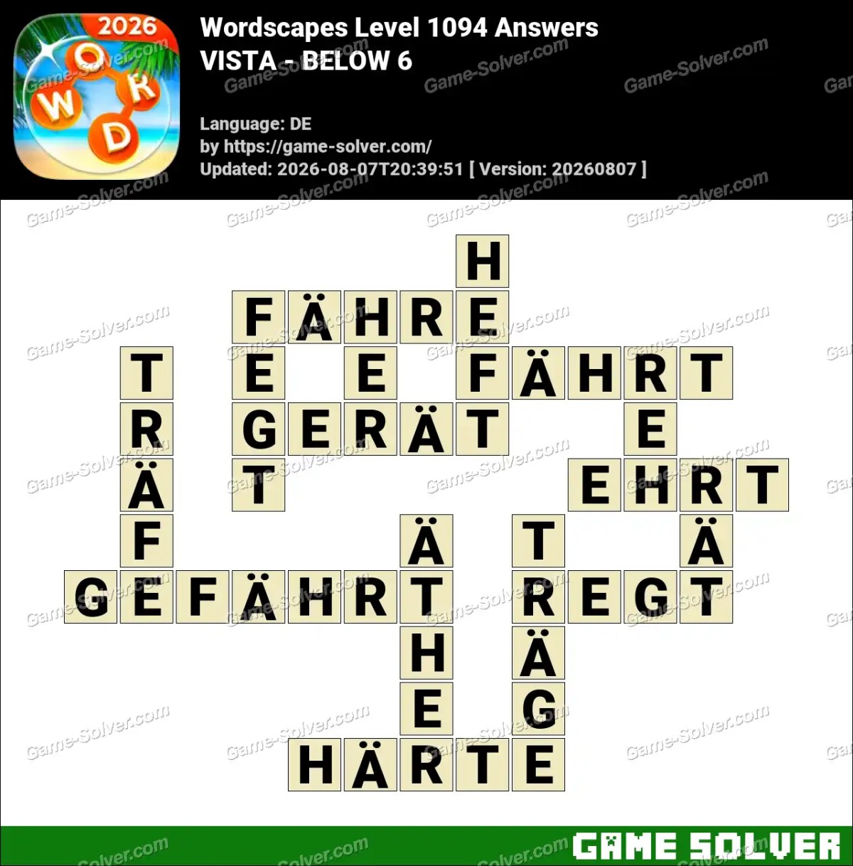 Wordscapes Deutsche Level 1094 Answers — VISTA - BELOW 6