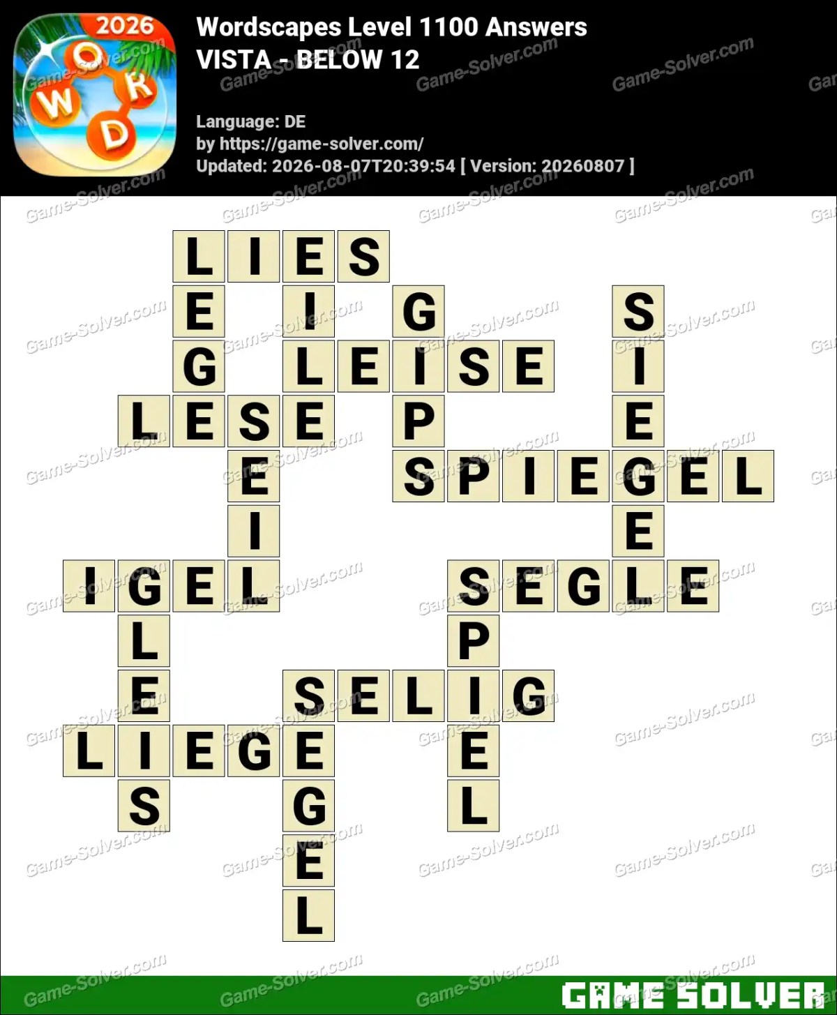 Wordscapes Deutsche Level 1100 Answers — VISTA - BELOW 12