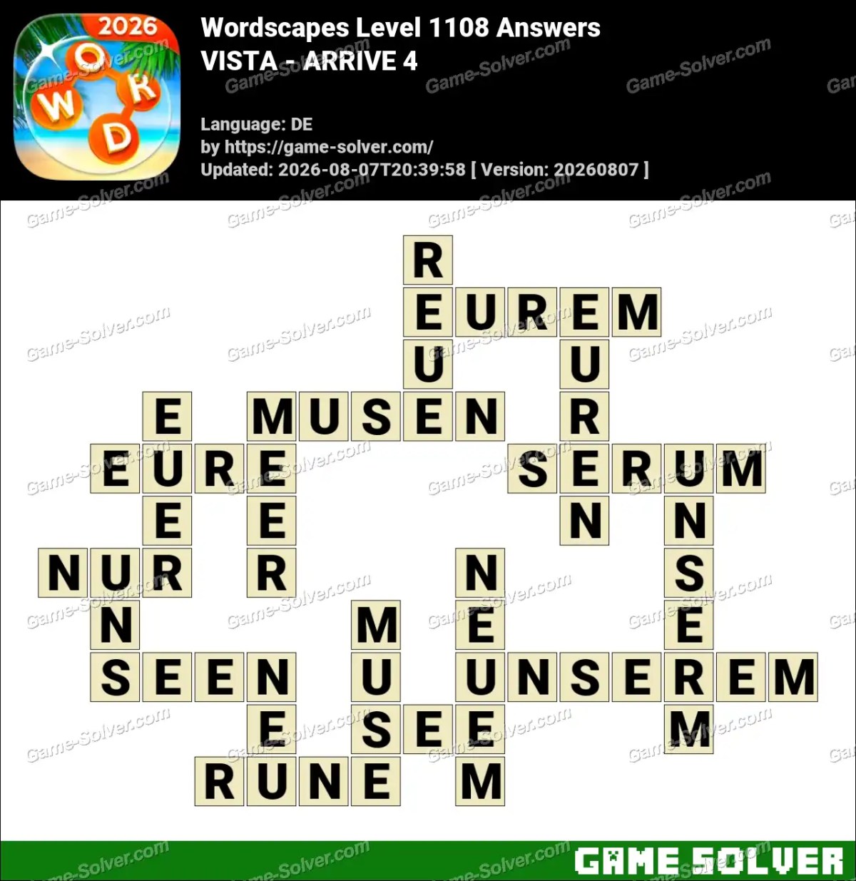 Wordscapes Deutsche Level 1108 Answers — VISTA - ARRIVE 4