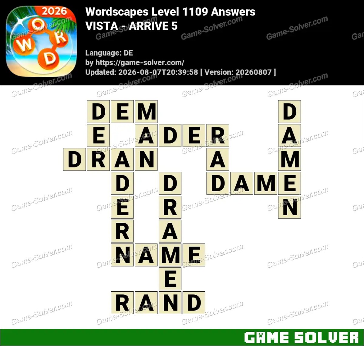 Wordscapes Deutsche Level 1109 Answers — VISTA - ARRIVE 5