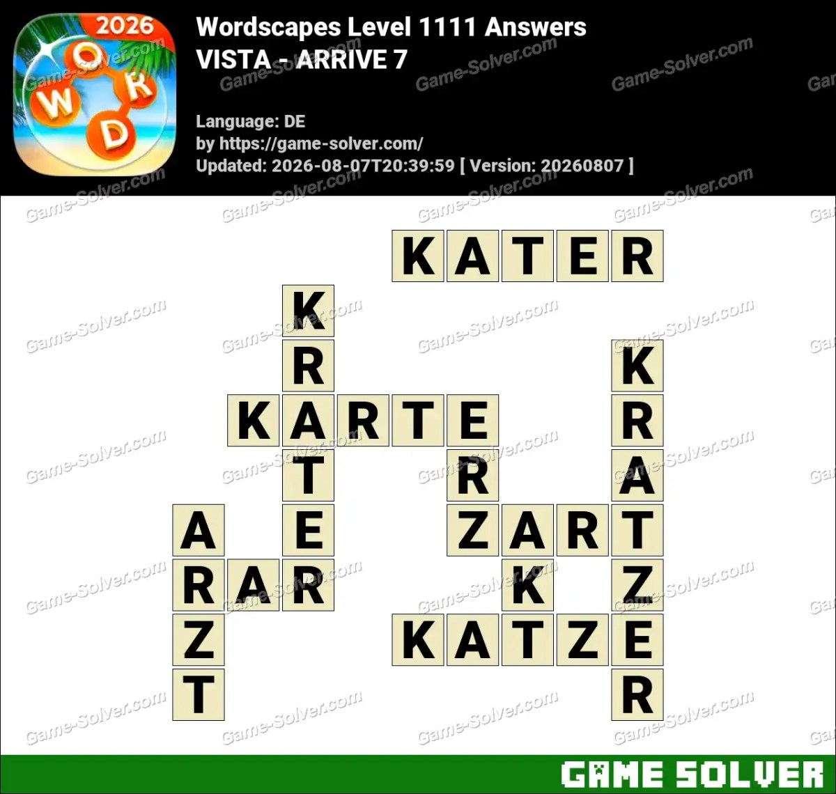 Wordscapes Deutsche Level 1111 Answers — VISTA - ARRIVE 7