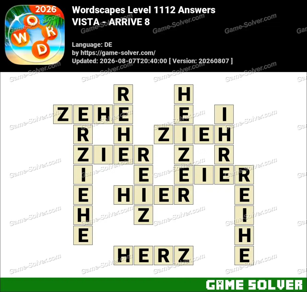 Wordscapes Deutsche Level 1112 Answers — VISTA - ARRIVE 8