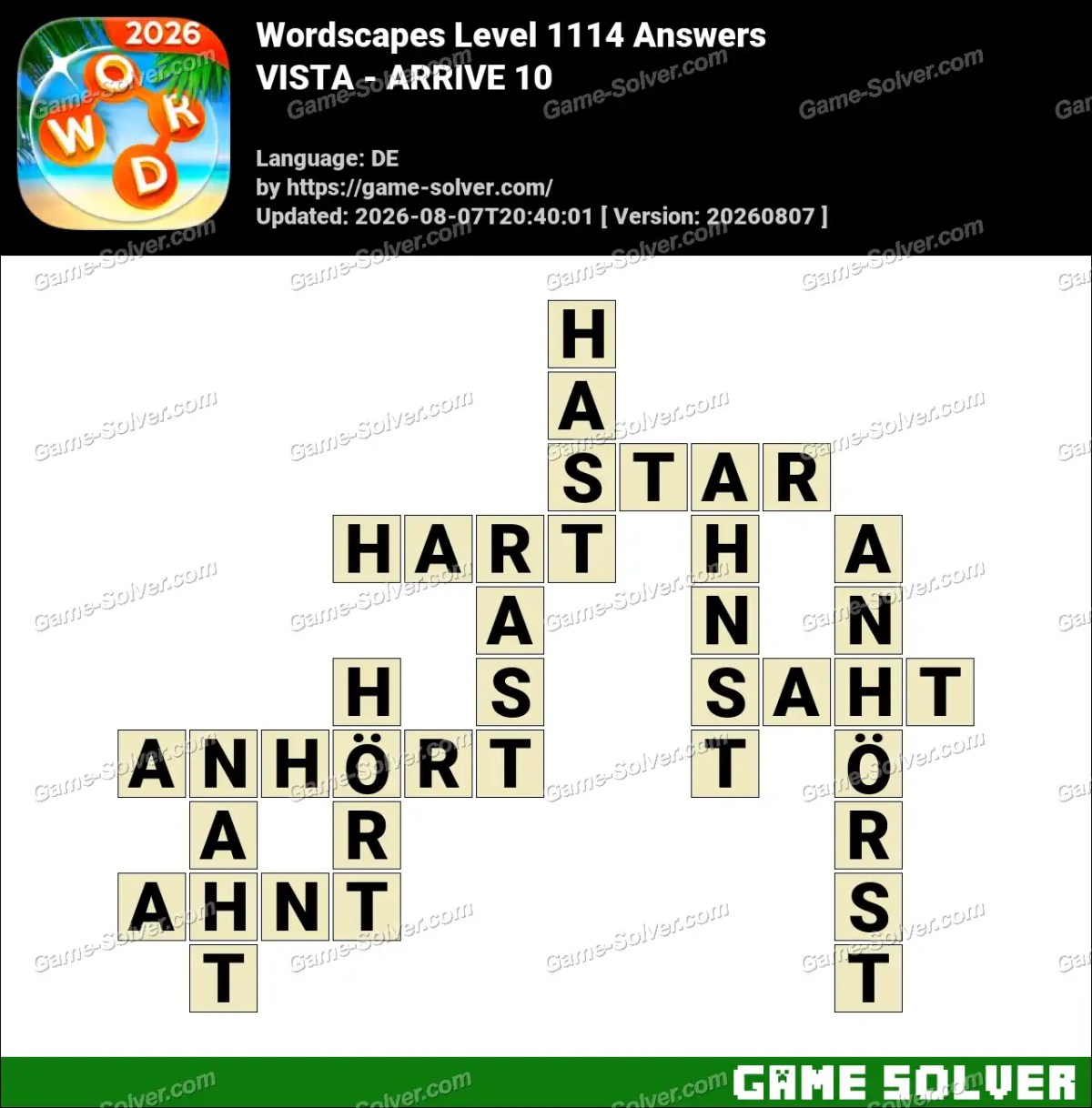 Wordscapes Deutsche Level 1114 Answers — VISTA - ARRIVE 10