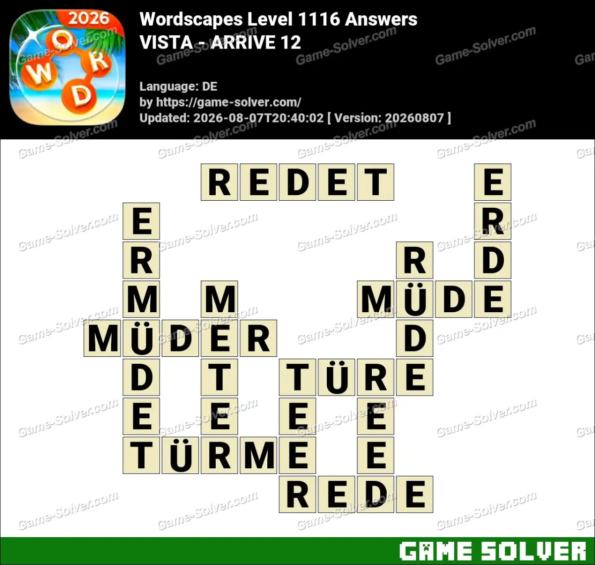 Wordscapes Deutsche Level 1116 Answers — VISTA - ARRIVE 12