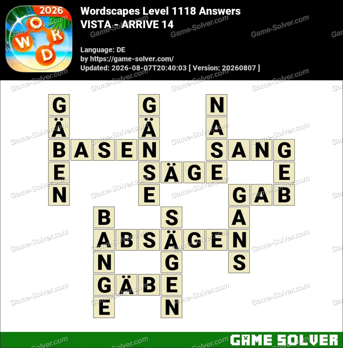 Wordscapes Deutsche Level 1118 Answers — VISTA - ARRIVE 14