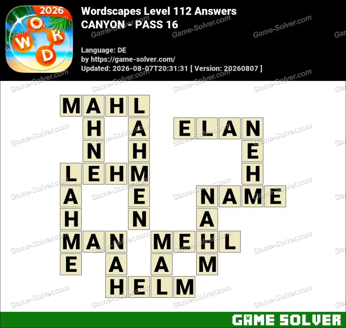 Wordscapes Deutsche Level 112 Answers — CANYON - PASS 16